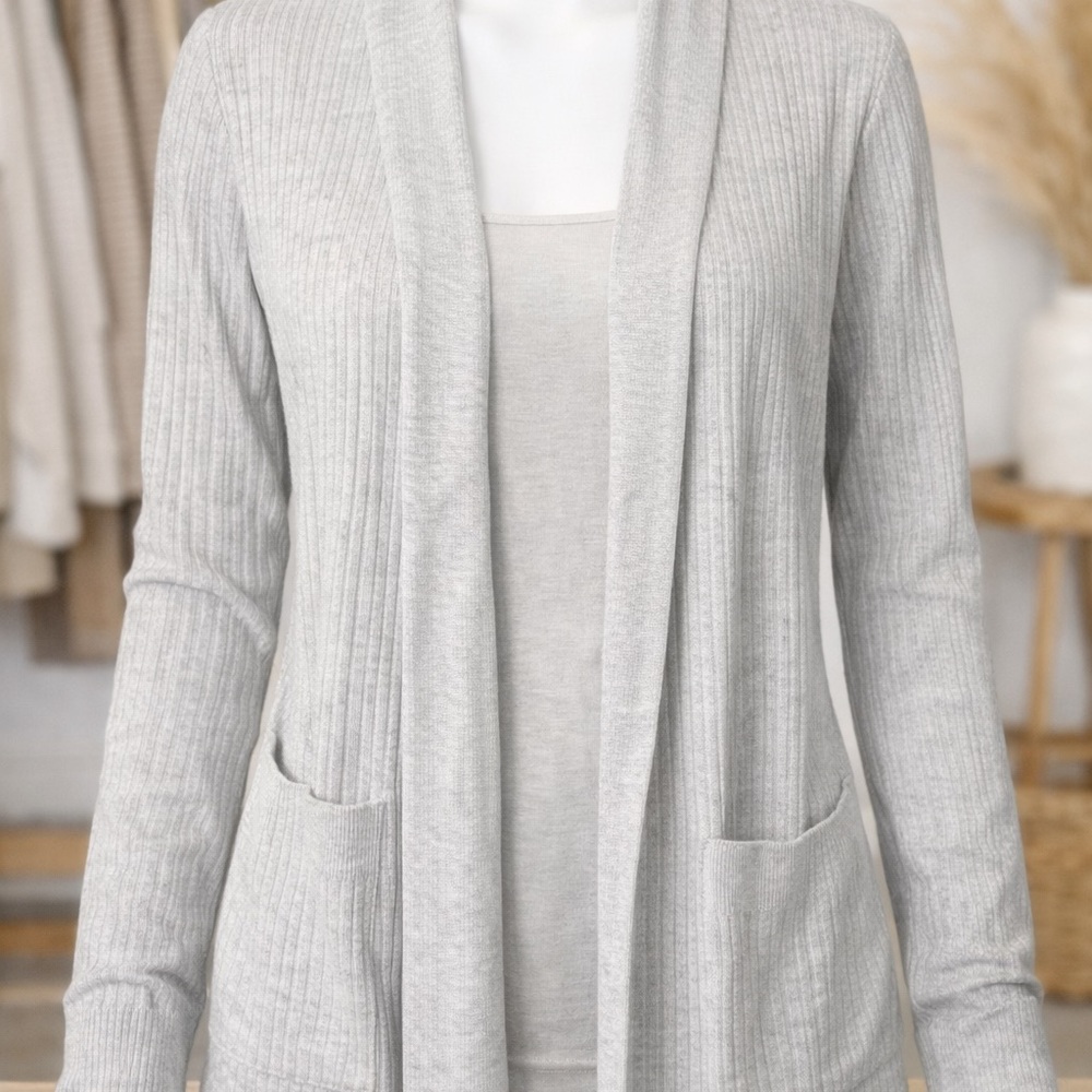 Matty M Light Gray Open-Front Ribbed Cardigan